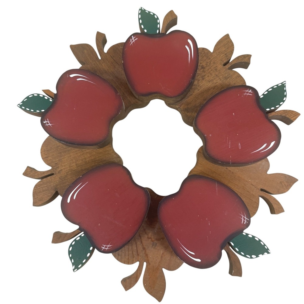 Vintage Red Apple Wooden Wreath Hand Painted Farmhouse Kitchen Wall Decor 15.5"
